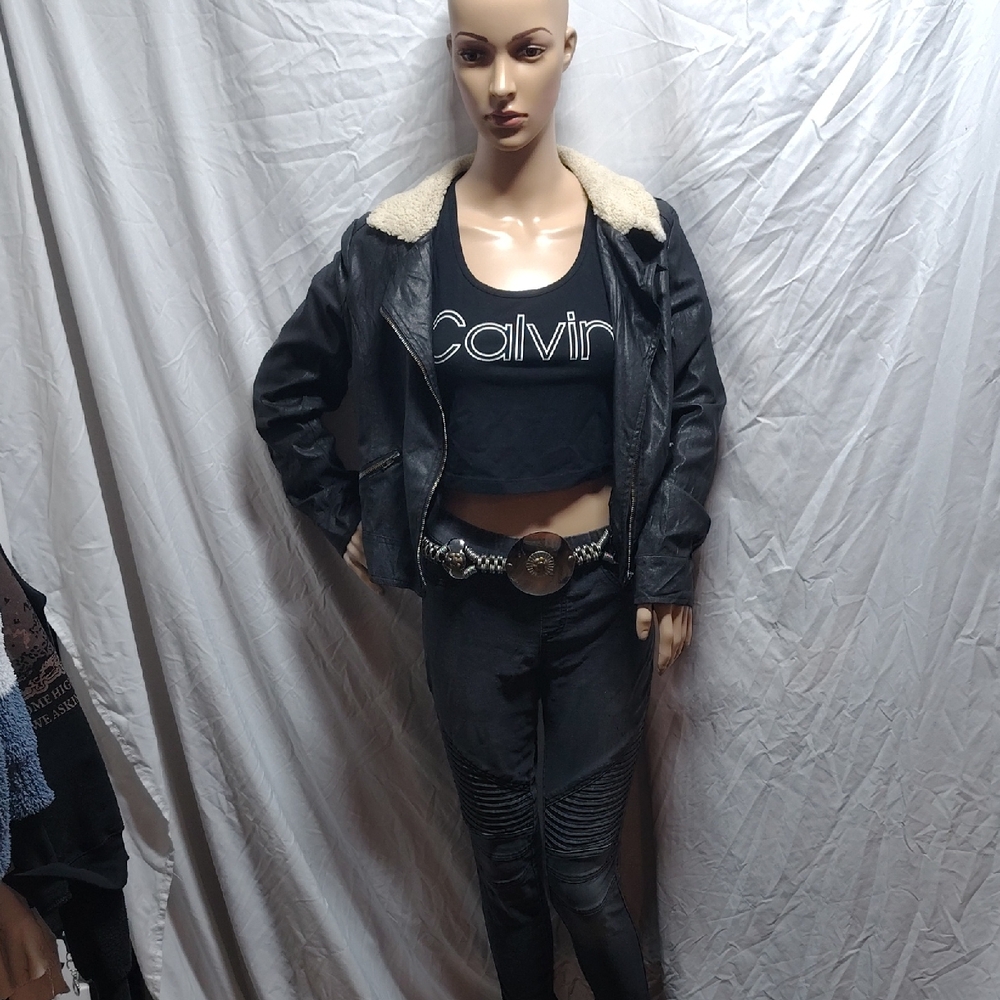 Mine Black Leather Jacket with Cream Collar